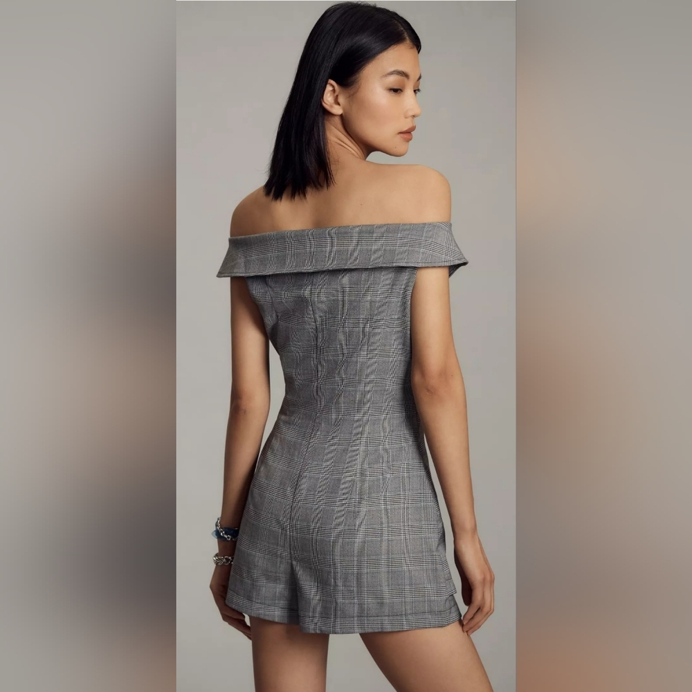 Anthropologie Maeve Off-The-Shoulder Button-Front Menswear Romper - Picture 2 of 5